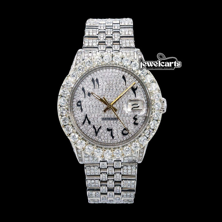 Rolex Datejust Diamond Dial Black Arabic Numerals Jubilee Bracelet Iced Out Moissanite Watch Front View