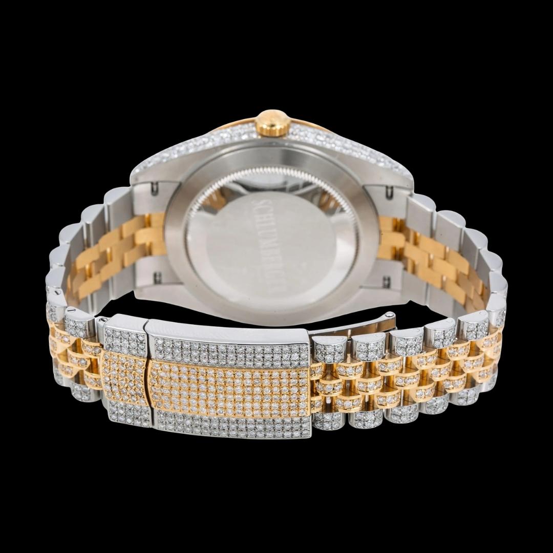 Rolex Datejust Diamond Dial Red Roman Numerals Fluted Bezel Two Tone Yellow Gold Jubilee Bracelet Iced Out Watch Caseback View