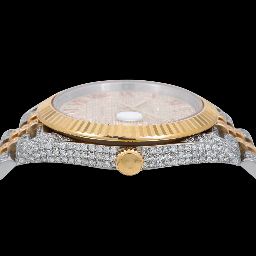 Rolex Datejust Diamond Dial Red Roman Numerals Fluted Bezel Two Tone Yellow Gold Jubilee Bracelet Iced Out Watch Crown View