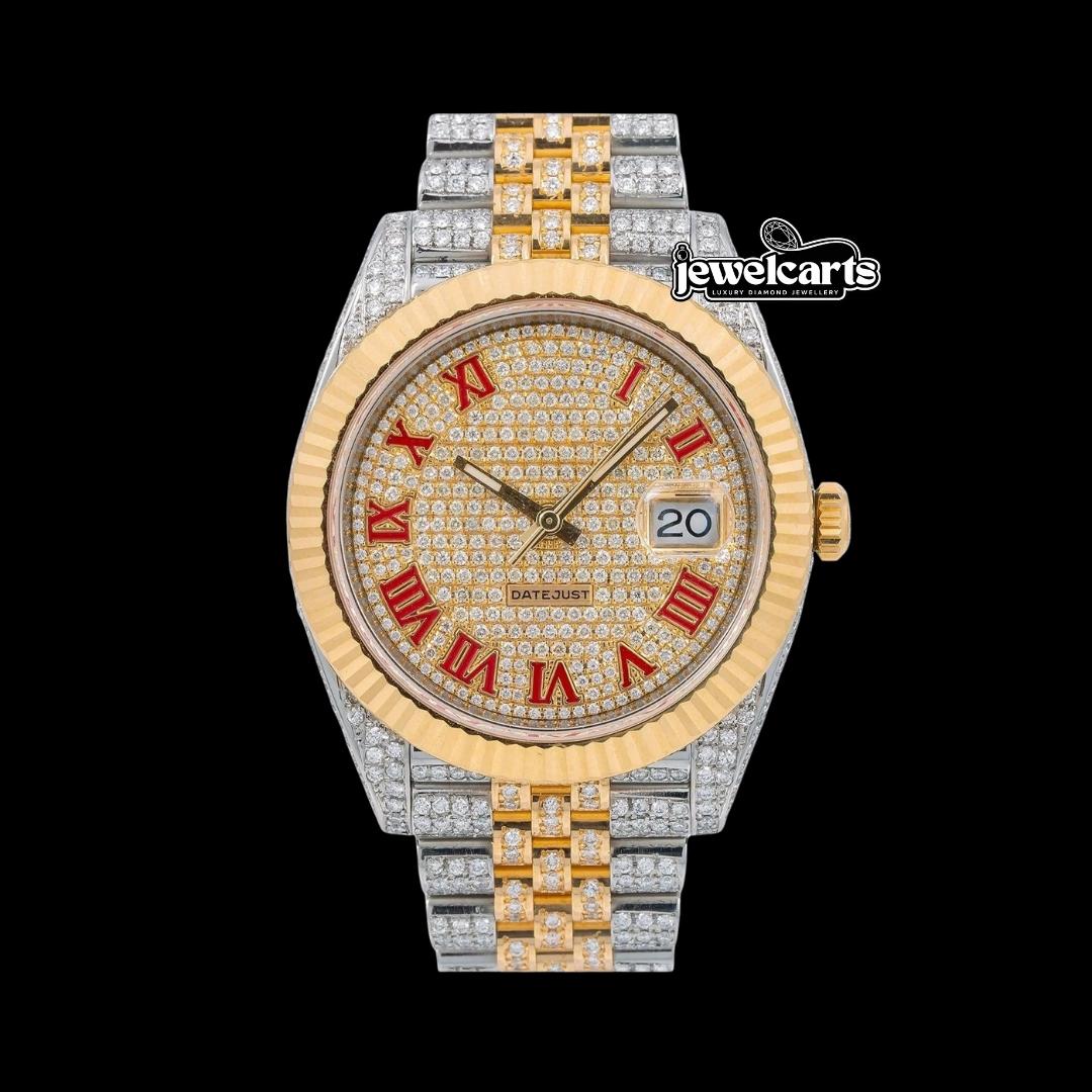 Rolex Datejust Diamond Dial Red Roman Numerals Fluted Bezel Two Tone Yellow Gold Jubilee Bracelet Iced Out Watch Front View