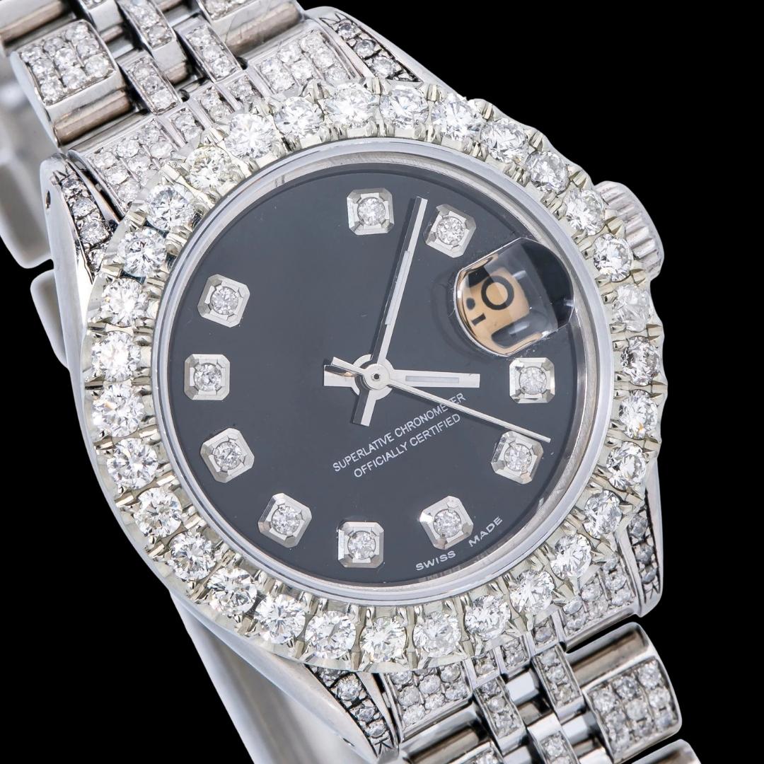 Rolex Datejust Diamond Markers Black Dial Full Iced Out Jubilee Bracelet Moissanite Diamond Watch Close Up Dial View