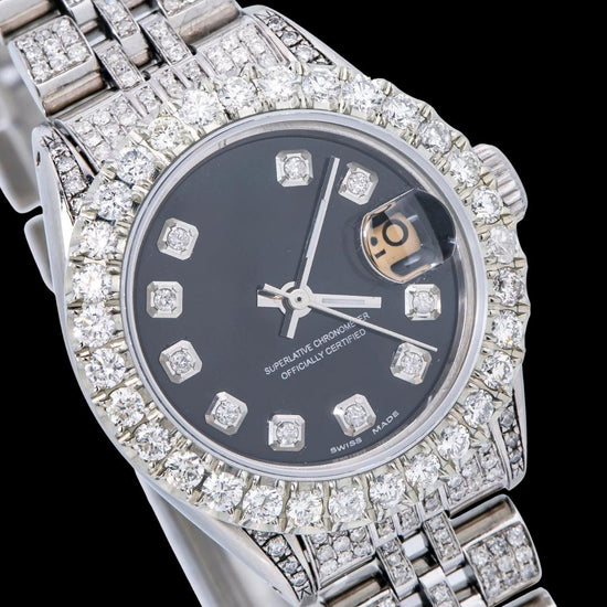 Rolex Datejust Diamond Markers Black Dial Full Iced Out Jubilee Bracelet Moissanite Diamond Watch Close Up Dial View