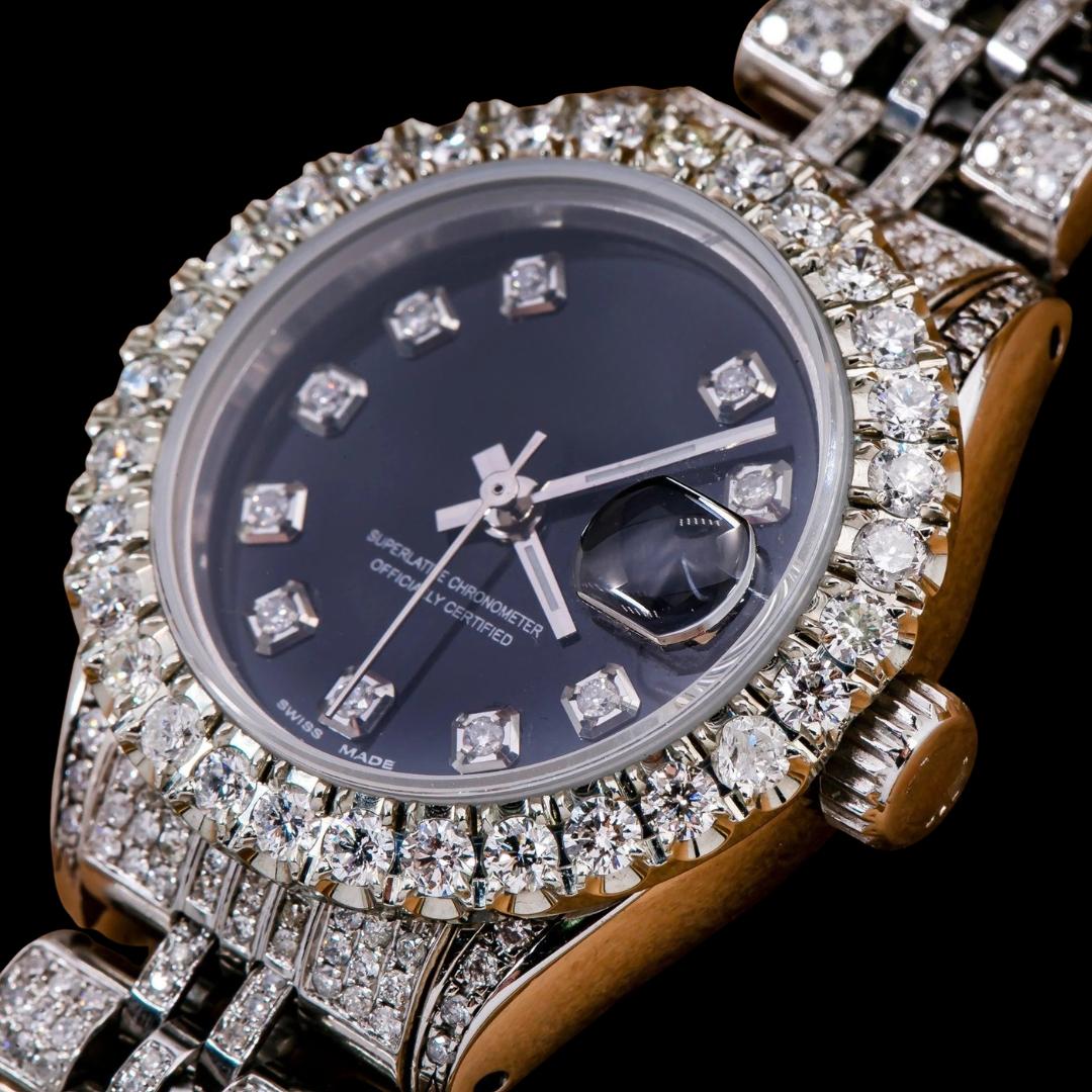 Rolex Datejust Diamond Markers Black Dial Full Iced Out Jubilee Bracelet Moissanite Diamond Watch Close Up Front View