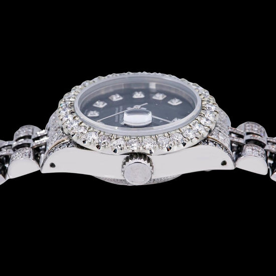 Rolex Datejust Diamond Markers Black Dial Full Iced Out Jubilee Bracelet Moissanite Diamond Watch Crown View