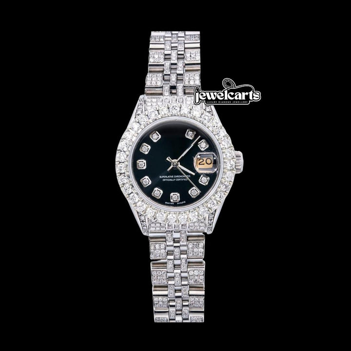 Rolex Datejust Diamond Markers Black Dial Full Iced Out Jubilee Bracelet Moissanite Diamond Watch Front View