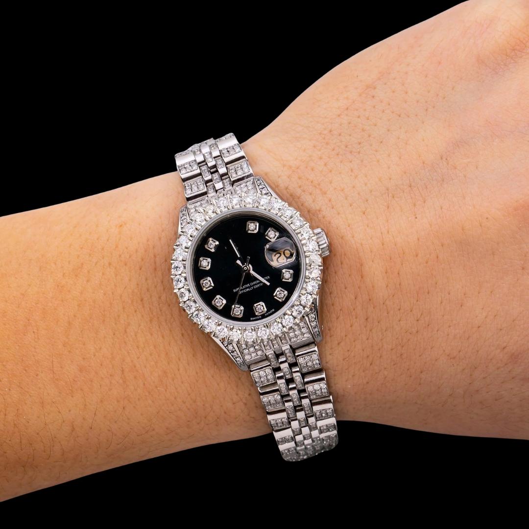 Rolex Datejust Diamond Markers Black Dial Full Iced Out Jubilee Bracelet Moissanite Diamond Watch On Wrist View