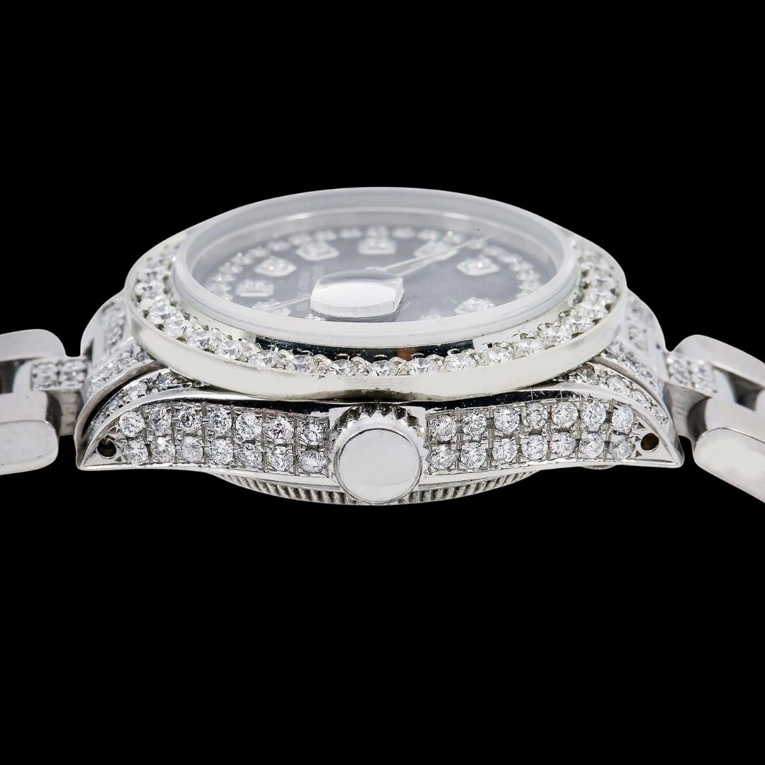 Rolex Datejust Diamond Markers Black Dial Semi Iced Oyster Bracelet Moissanite Watch Crown View