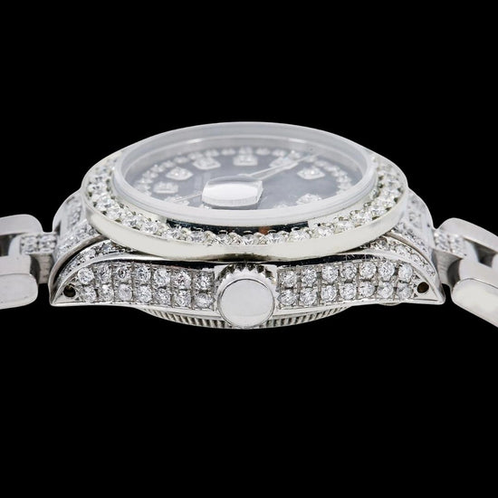 Rolex Datejust Diamond Markers Black Dial Semi Iced Oyster Bracelet Moissanite Watch Crown View