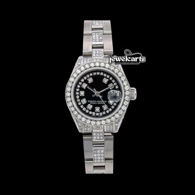 Rolex Datejust Diamond Markers Black Dial Semi Iced Oyster Bracelet Moissanite Watch