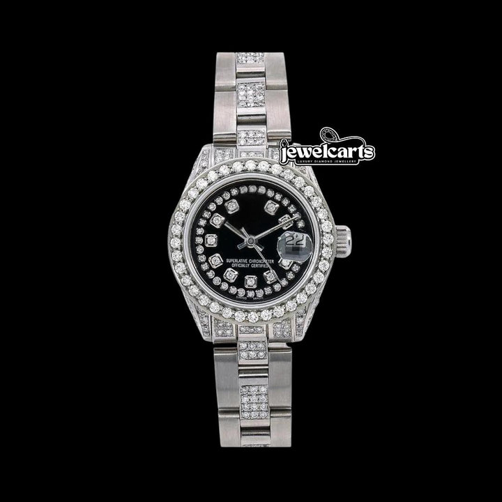 Rolex Datejust Diamond Markers Black Dial Semi Iced Oyster Bracelet Moissanite Watch Front View