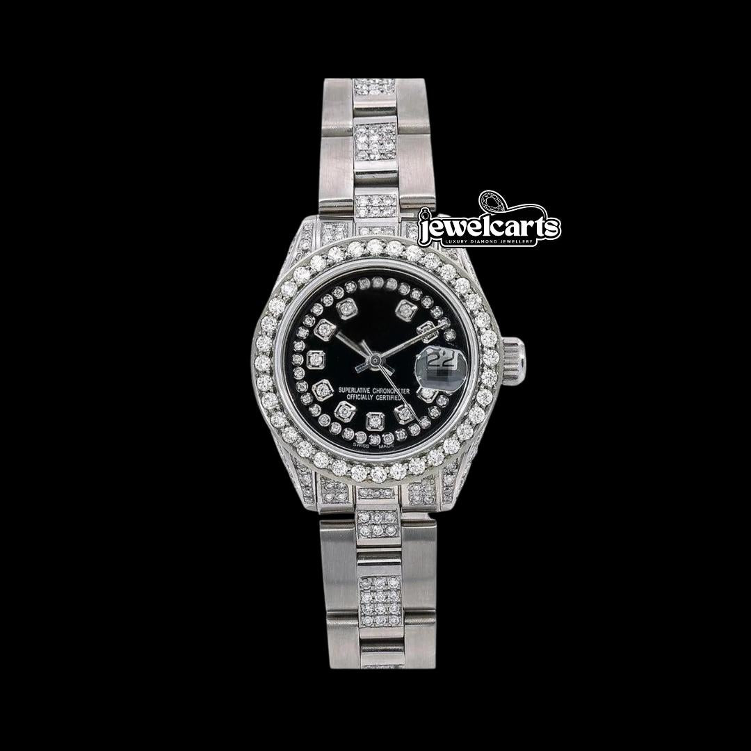 Rolex Datejust Diamond Markers Black Dial Semi Iced Oyster Bracelet Moissanite Watch Front View