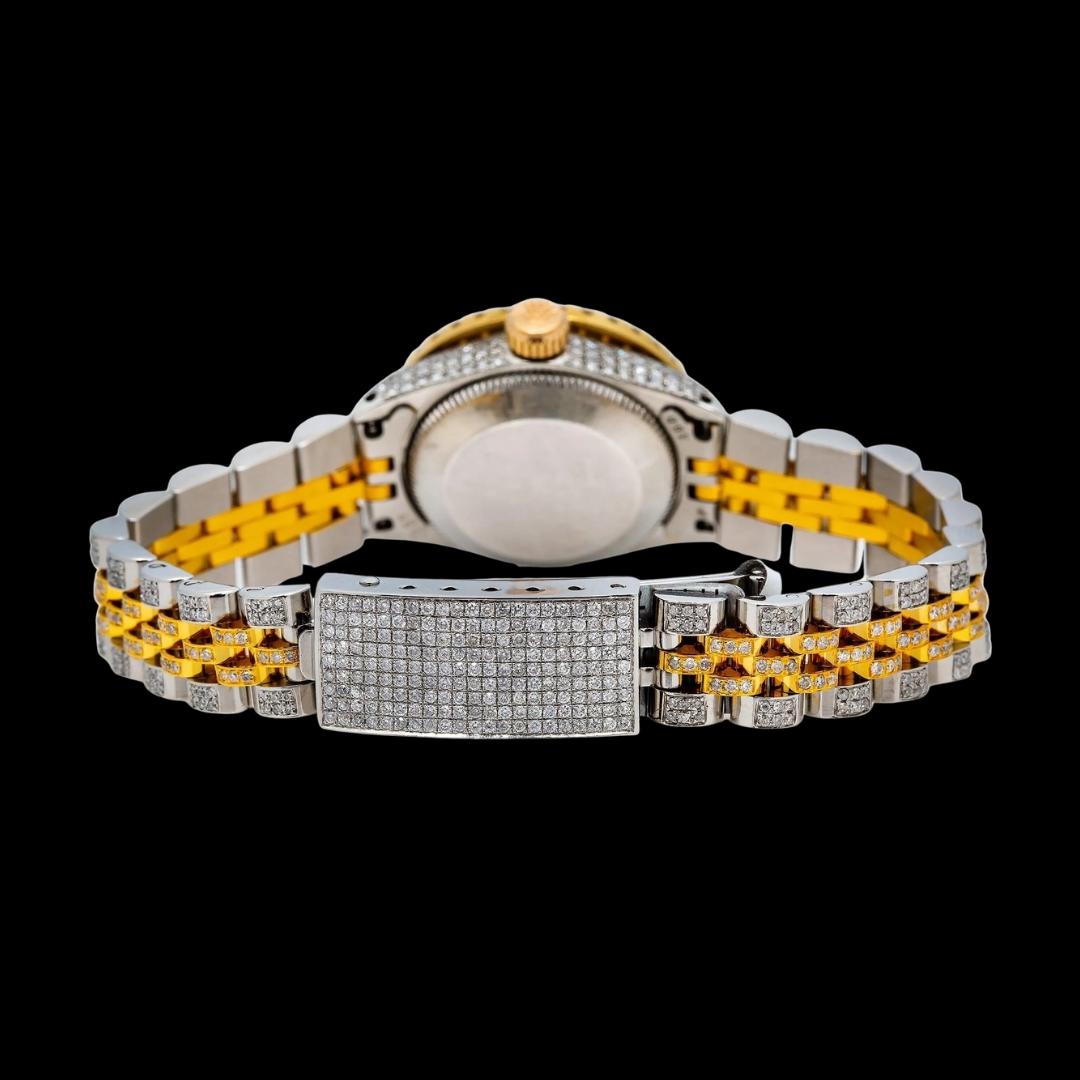Rolex Datejust Diamond Markers Black Dial Two Tone Iced Out Jubilee Strap Yellow Gold Moissanite Watch Caseback View