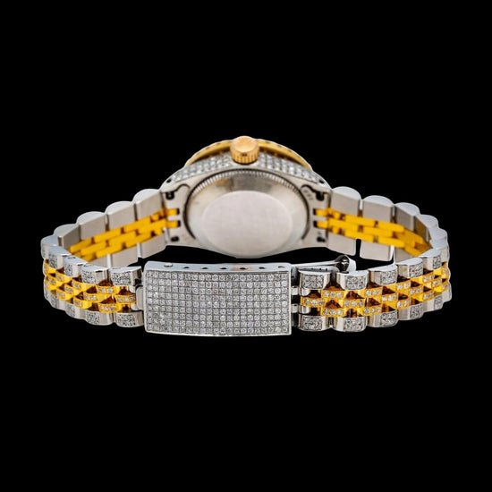 Rolex Datejust Diamond Markers Black Dial Two Tone Iced Out Jubilee Strap Yellow Gold Moissanite Watch Caseback View