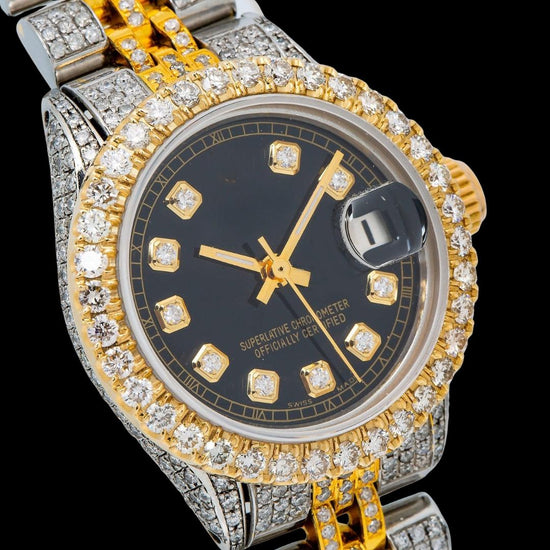 Rolex Datejust Diamond Markers Black Dial Two Tone Iced Out Jubilee Strap Yellow Gold Moissanite Watch Close Up Dial View