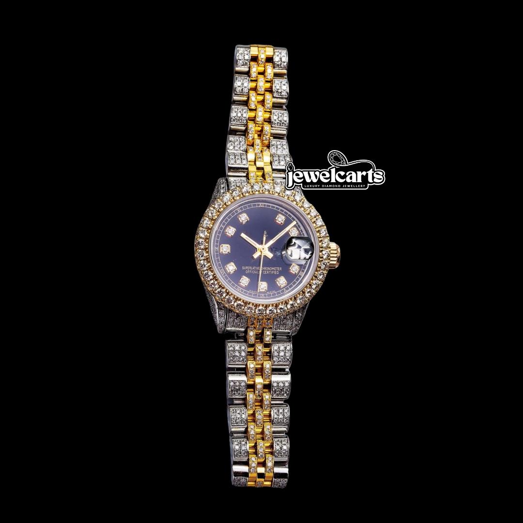 Rolex Datejust Diamond Markers Black Dial Two Tone Iced Out Jubilee Strap Yellow Gold Moissanite Watch Front View