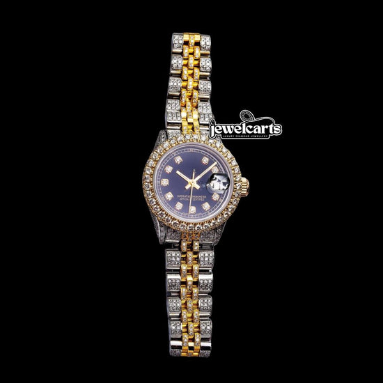 Rolex Datejust Diamond Markers Black Dial Two Tone Iced Out Jubilee Strap Yellow Gold Moissanite Watch Front View