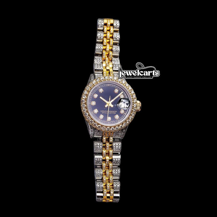 Rolex Datejust Diamond Markers Black Dial Two Tone Iced Out Jubilee Strap Yellow Gold Moissanite Watch Front View