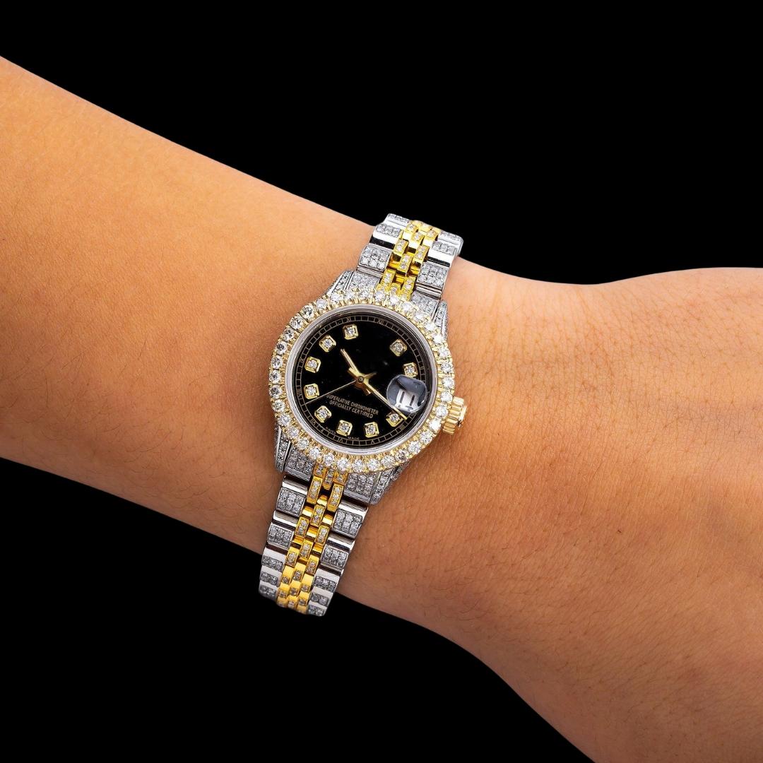 Rolex Datejust Diamond Markers Black Dial Two Tone Iced Out Jubilee Strap Yellow Gold Moissanite Watch On Wrist View