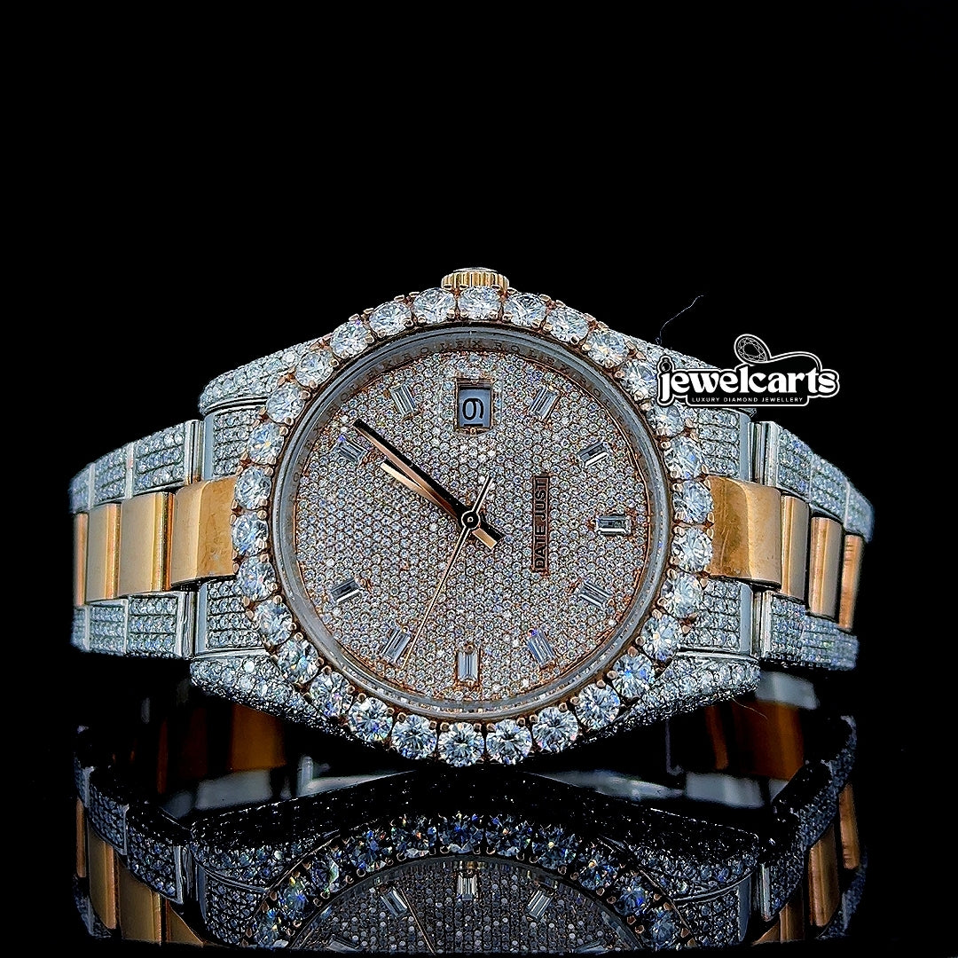 Rolex Datejust Diamond Markers Dial Two Tone Iced Out Moissanite Watch Front View