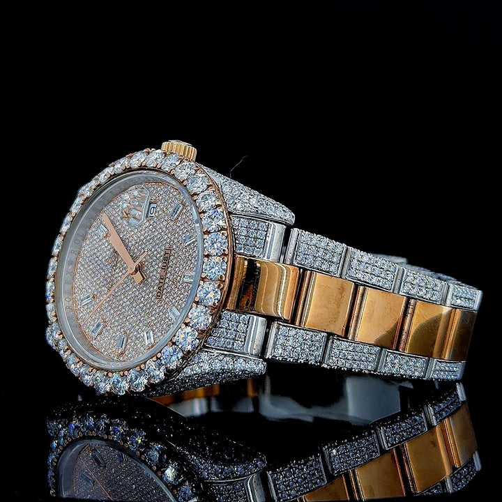 Rolex Datejust Diamond Markers Dial Two Tone Iced Out Moissanite Watch Left Profile View