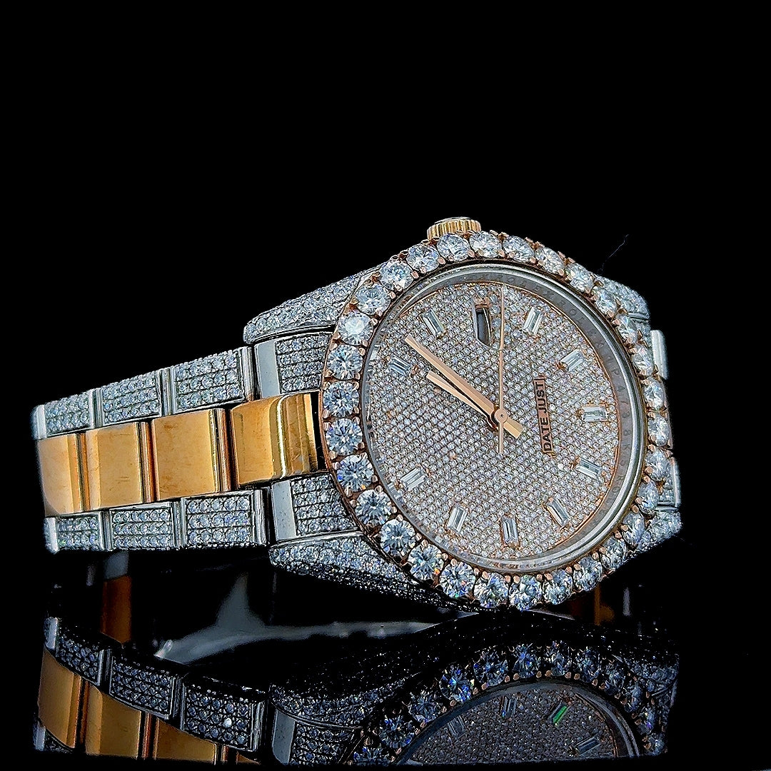 Rolex Datejust Diamond Markers Dial Two Tone Iced Out Moissanite Watch Right Profile View