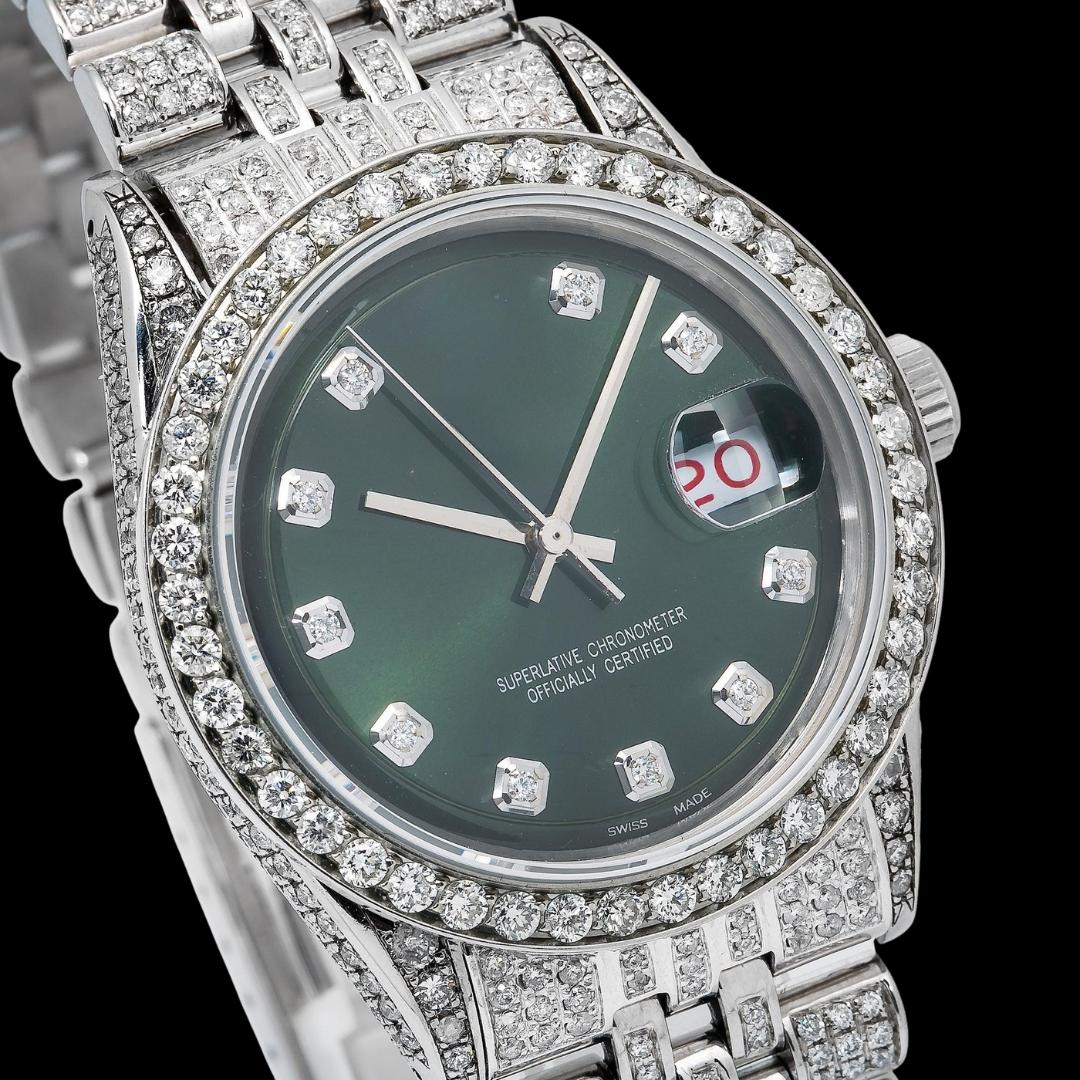 Rolex Datejust Diamond Markers Green Dial Full Ice Out Jubilee Bracelet Moissanite Watch Close Up Dial View