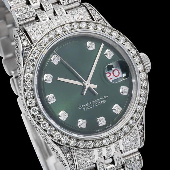 Rolex Datejust Diamond Markers Green Dial Full Ice Out Jubilee Bracelet Moissanite Watch Close Up Dial View