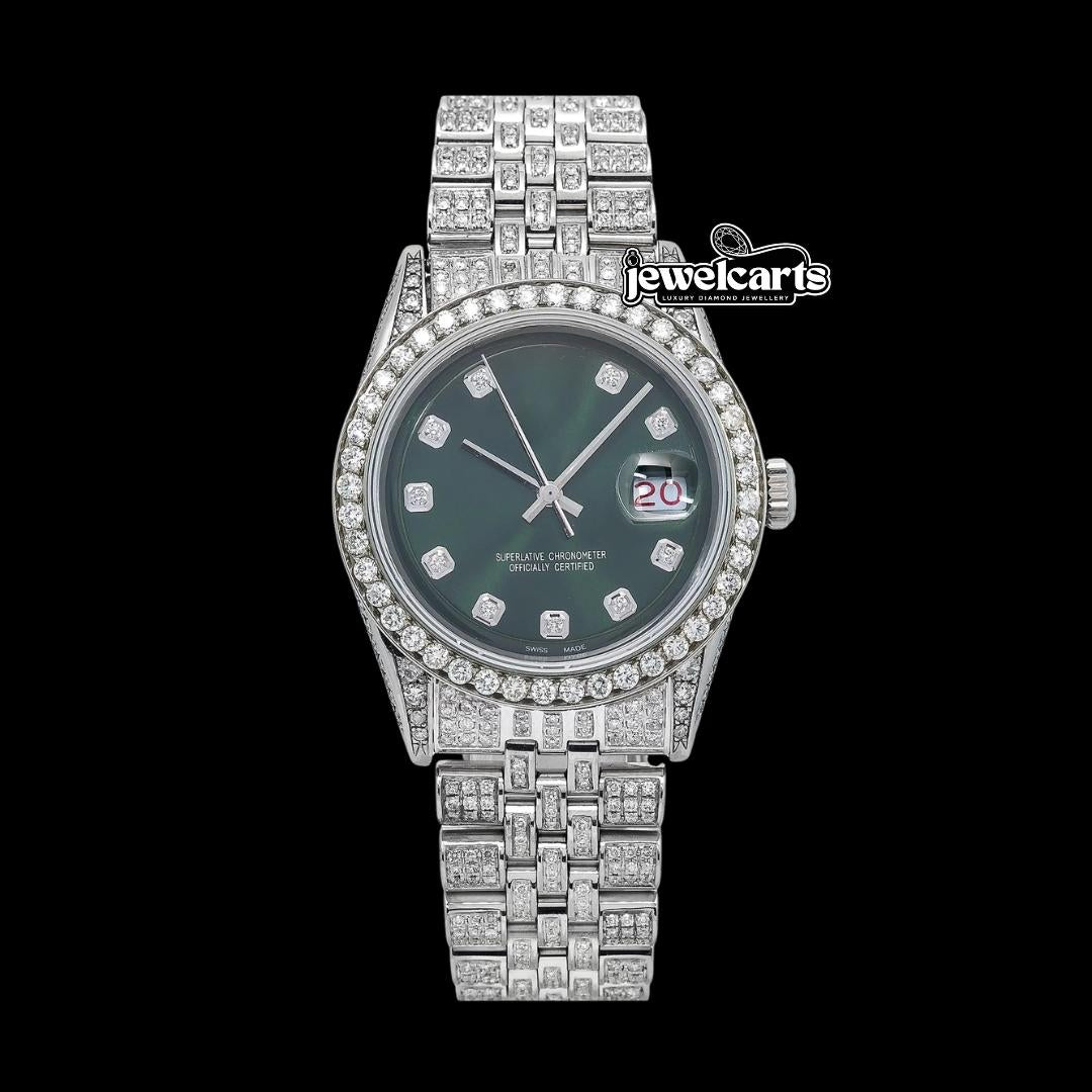 Rolex Datejust Diamond Markers Green Dial Full Ice Out Jubilee Bracelet Moissanite Watch Front View