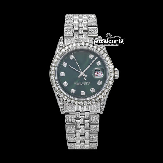 Rolex Datejust Diamond Markers Green Dial Full Ice Out Jubilee Bracelet Moissanite Watch Front View