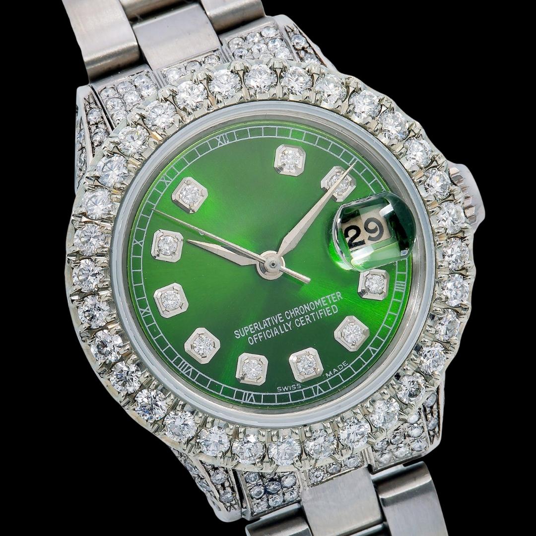 Rolex Datejust Diamond Markers Green Dial Iced Out Oyster Bracelet Moissanite Watch for Women Close Up Dial View