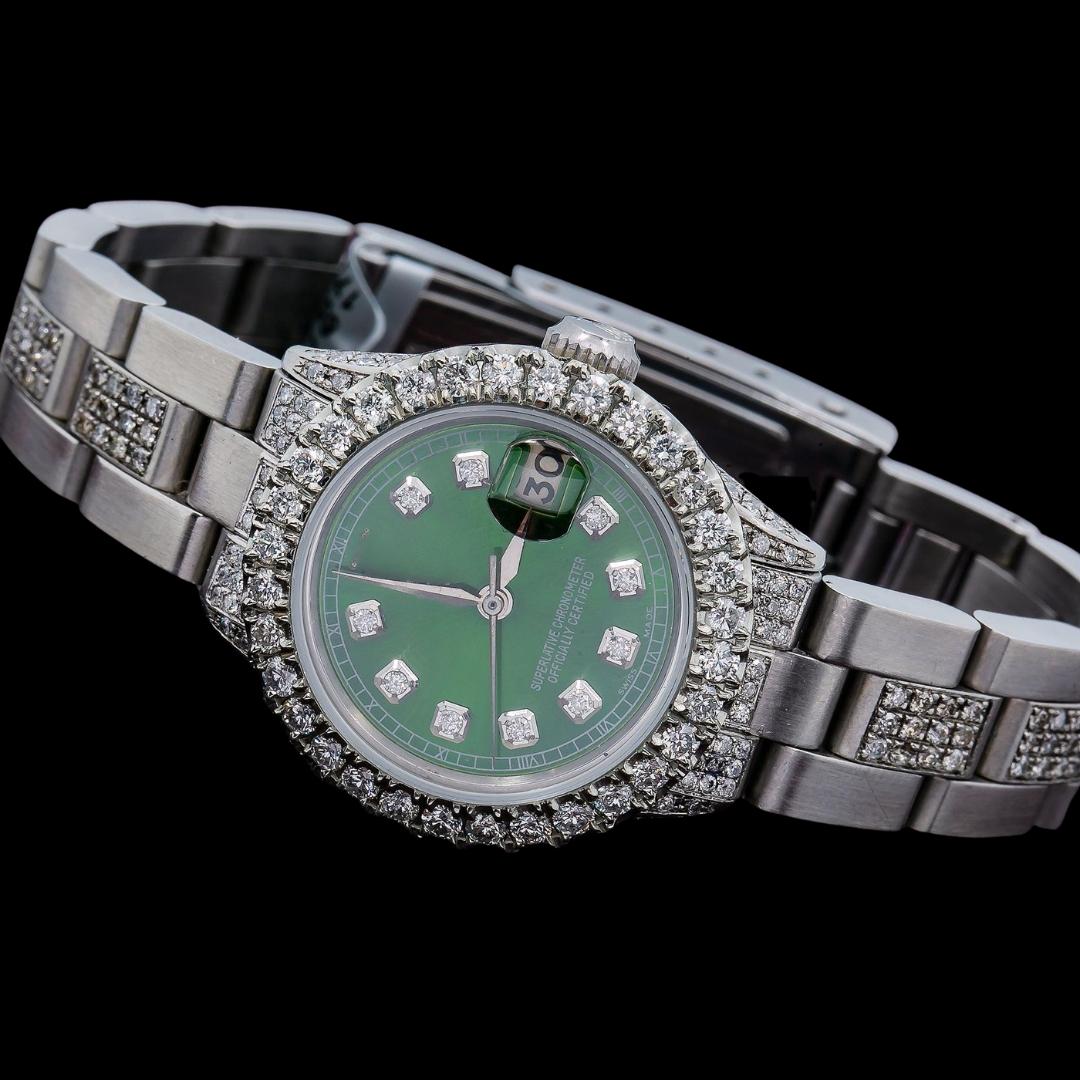 Rolex Datejust Diamond Markers Green Dial Iced Out Oyster Bracelet Moissanite Watch for Women Close Up Front View