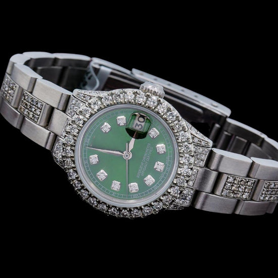 Rolex Datejust Diamond Markers Green Dial Iced Out Oyster Bracelet Moissanite Watch for Women Close Up Front View