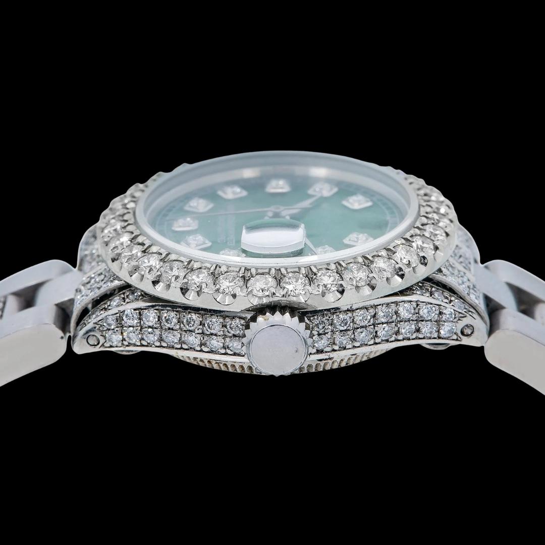 Rolex Datejust Diamond Markers Green Dial Iced Out Oyster Bracelet Moissanite Watch for Women Crown View