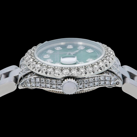 Rolex Datejust Diamond Markers Green Dial Iced Out Oyster Bracelet Moissanite Watch for Women Crown View