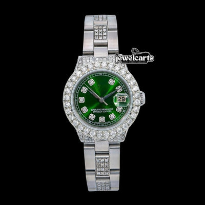 Rolex Datejust Diamond Markers Green Dial Iced Out Oyster Bracelet Moissanite Watch for Women