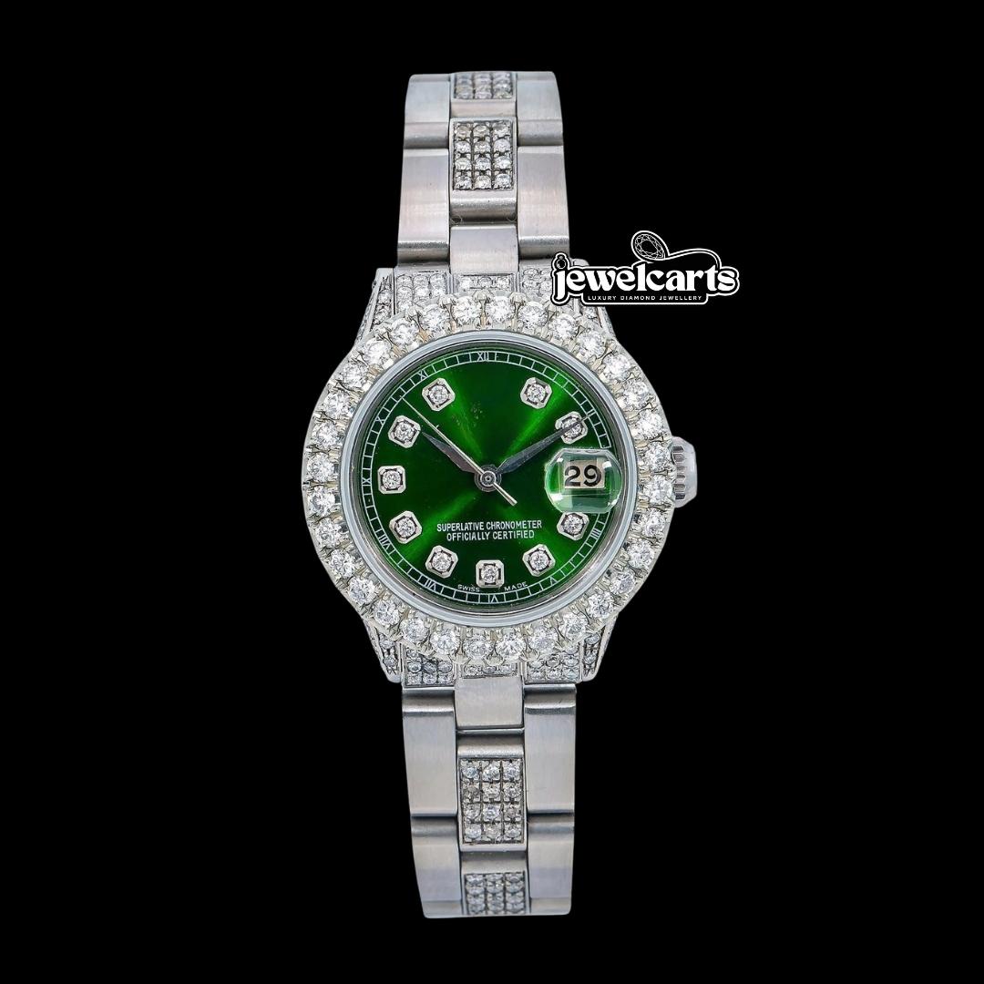 Rolex Datejust Diamond Markers Green Dial Iced Out Oyster Bracelet Moissanite Watch for Women Front View