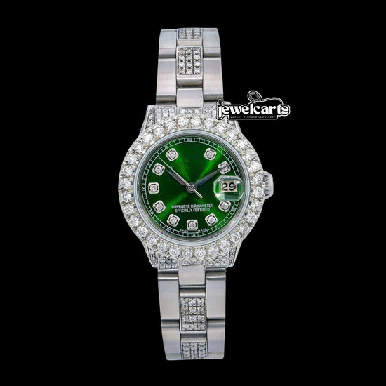 Rolex Datejust Diamond Markers Green Dial Iced Out Oyster Bracelet Moissanite Watch for Women Front View