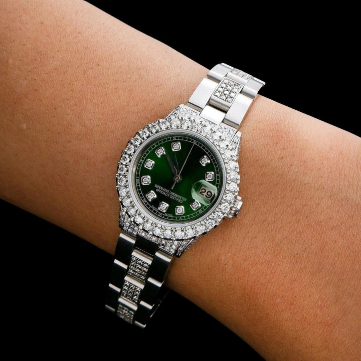 Rolex Datejust Diamond Markers Green Dial Iced Out Oyster Bracelet Moissanite Watch for Women On Wrist View