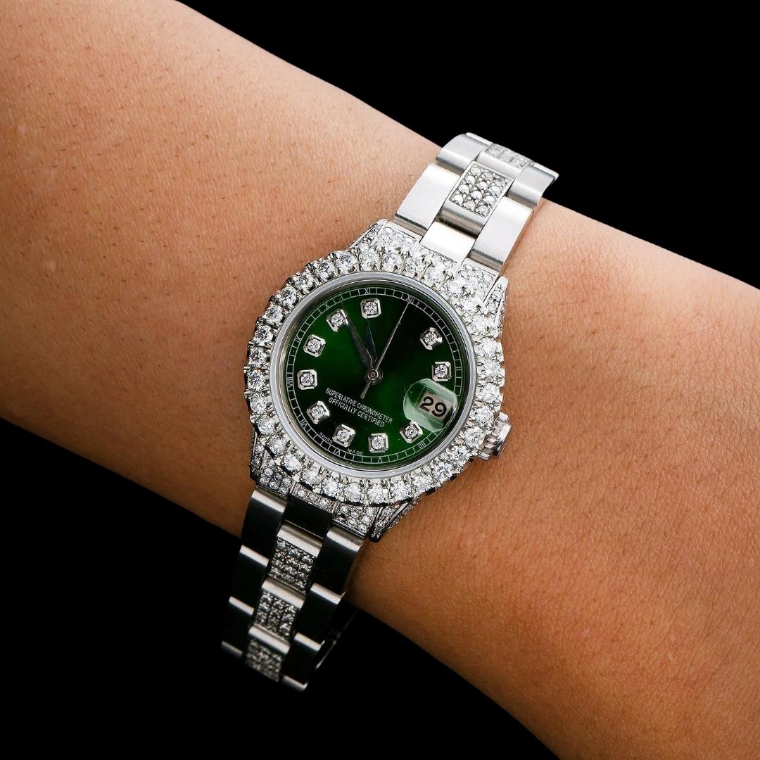 Rolex Datejust Diamond Markers Green Dial Iced Out Oyster Bracelet Moissanite Watch for Women On Wrist View