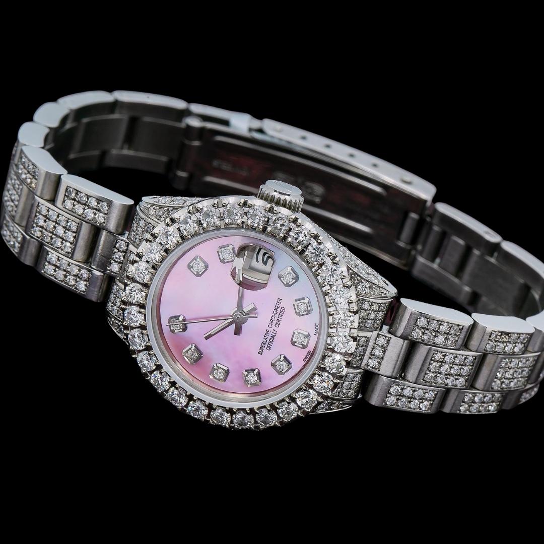 Rolex Datejust Diamond Markers Pink Dial Fully Iced Out Oyster Bracelet Moissanite Watch For Women Close Up Front View