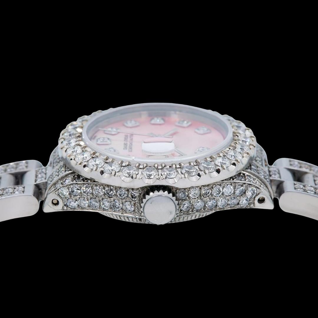 Rolex Datejust Diamond Markers Pink Dial Fully Iced Out Oyster Bracelet Moissanite Watch For Women Crown View