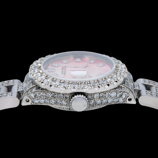 Rolex Datejust Diamond Markers Pink Dial Fully Iced Out Oyster Bracelet Moissanite Watch For Women Crown View