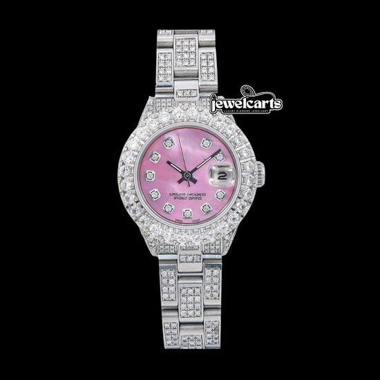 Rolex Datejust Diamond Markers Pink Dial Fully Iced Out Oyster Bracelet Moissanite Watch For Women Front View