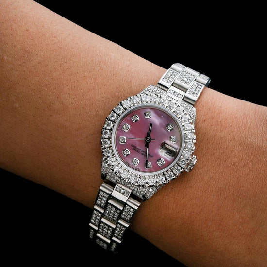 Rolex Datejust Diamond Markers Pink Dial Fully Iced Out Oyster Bracelet Moissanite Watch For Women On Wrist View