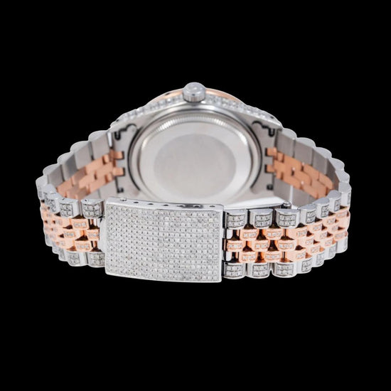 Rolex Datejust Diamond Markers Pink Dial Jubilee Bracelet Two Tone Rose Gold Iced Out Moissanite Watch Caseback View
