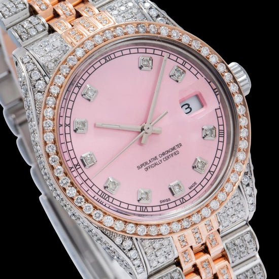 Rolex Datejust Diamond Markers Pink Dial Jubilee Bracelet Two Tone Rose Gold Iced Out Moissanite Watch Close Up Dial View