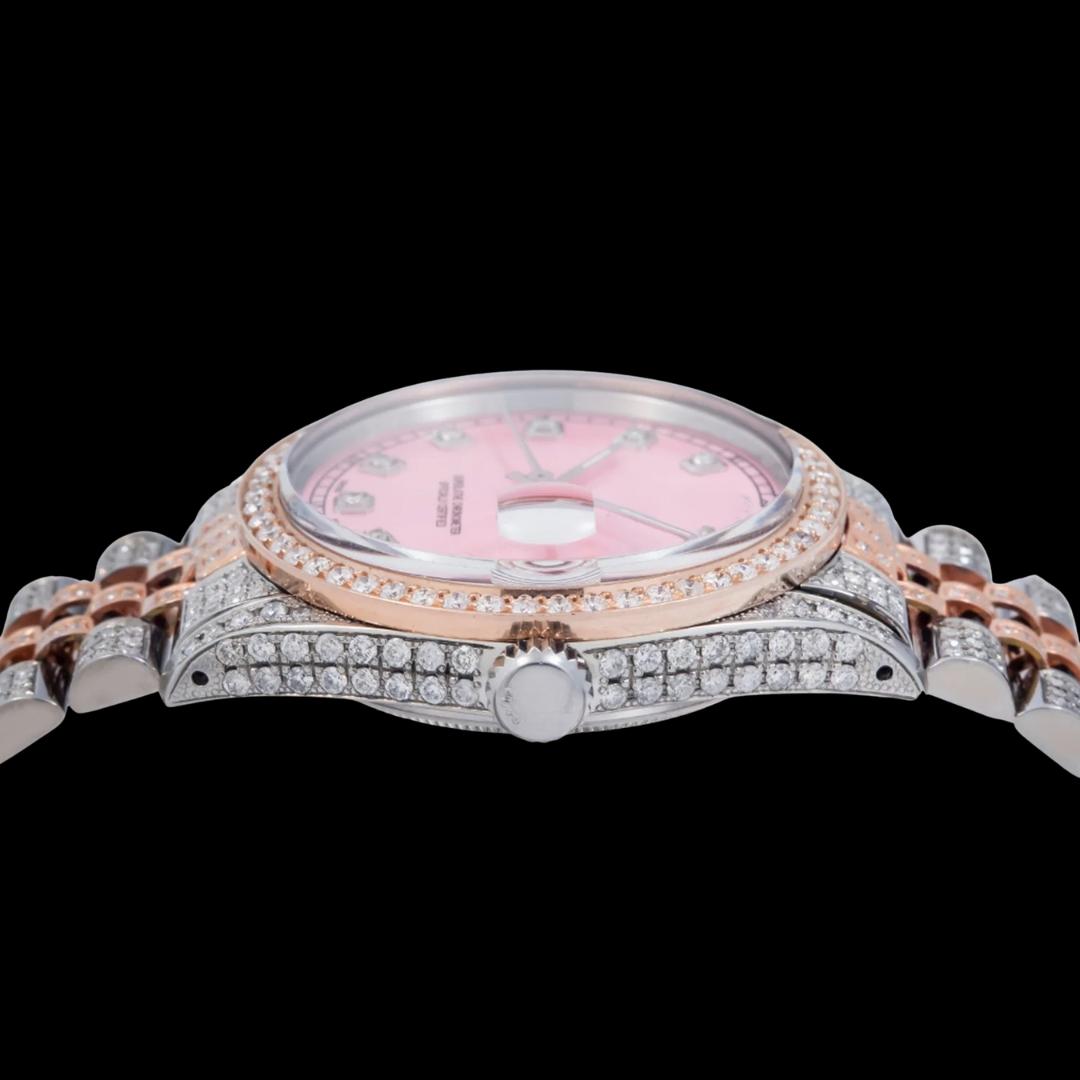 Rolex Datejust Diamond Markers Pink Dial Jubilee Bracelet Two Tone Rose Gold Iced Out Moissanite Watch Crown View