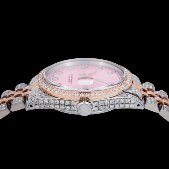 Rolex Datejust Diamond Markers Pink Dial Jubilee Bracelet Two Tone Rose Gold Iced Out Moissanite Watch Crown View