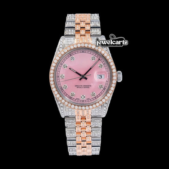 Rolex Datejust Diamond Markers Pink Dial Jubilee Bracelet Two Tone Rose Gold Iced Out Moissanite Watch Front View