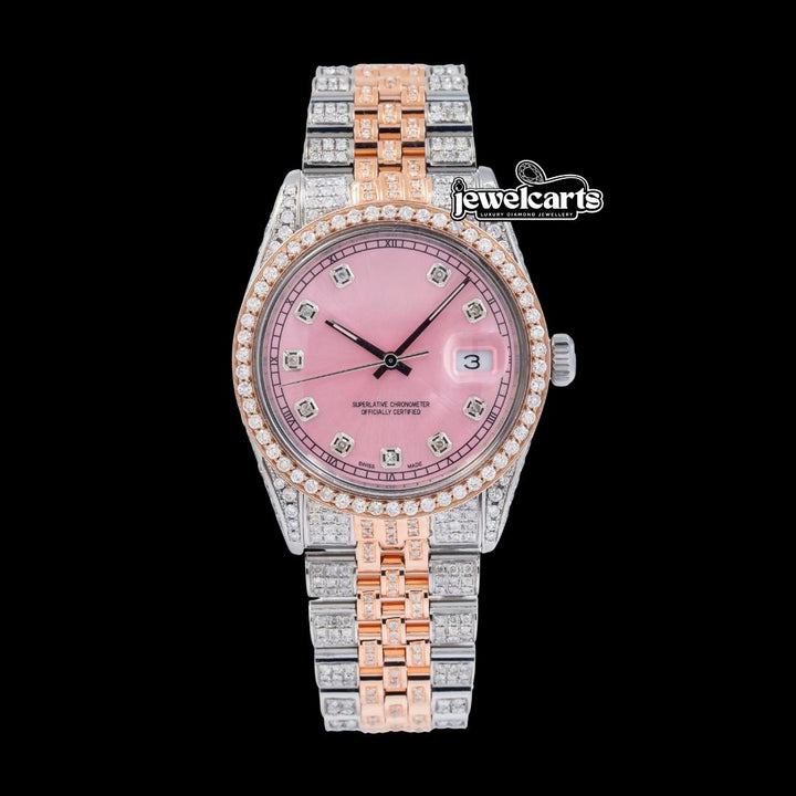 Rolex Datejust Diamond Markers Pink Dial Jubilee Bracelet Two Tone Rose Gold Iced Out Moissanite Watch Front View